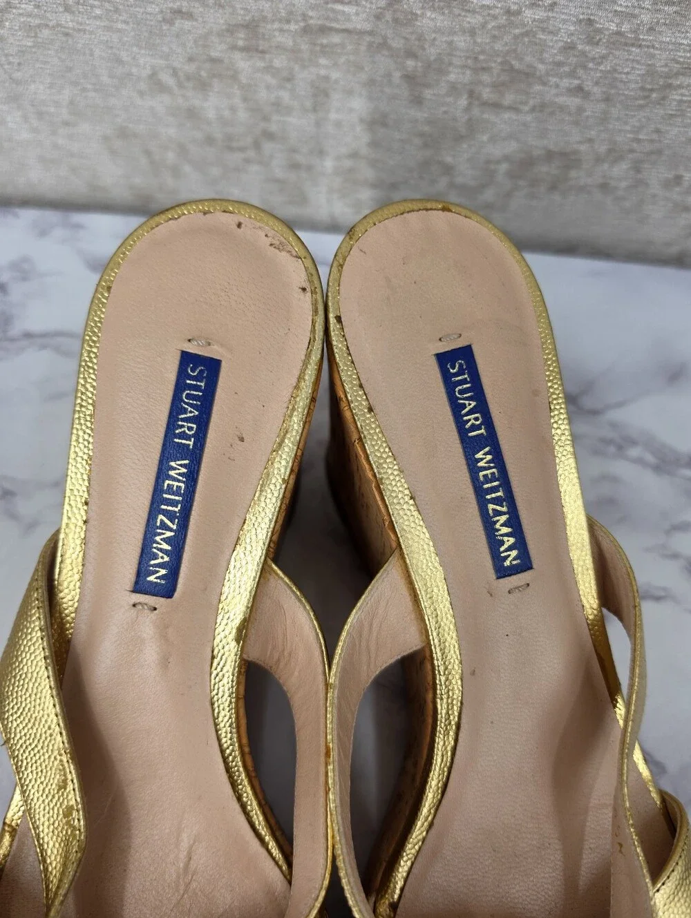 Stuart Weitzman Metallic Gold Leather Straps Cork Wedge Platform Sandals - Picture 6 of 15
